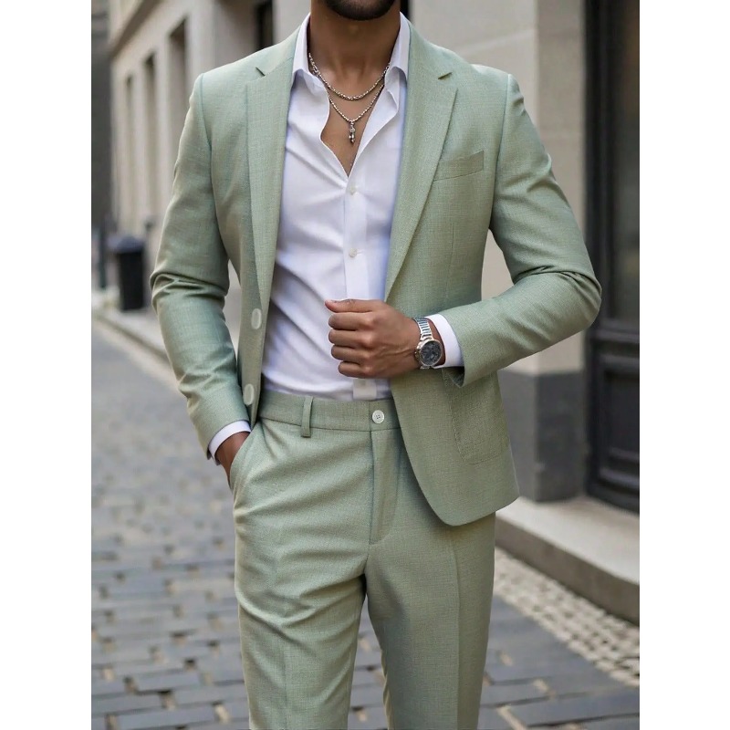 Large Men Formal Wear - ชุดสูทและกางเกงสีพื้นสำหรับนักธุรกิจ ทรงเข้ารูปพร้อมกระเป๋าขนาดใหญ่ เหมาะสำหรับใส่ในฤดูใบไม้ผลิและฤดูใบไม้ร่วง สำหรับงานเลี้ยงอาหารค่ำและงานแต่งงาน