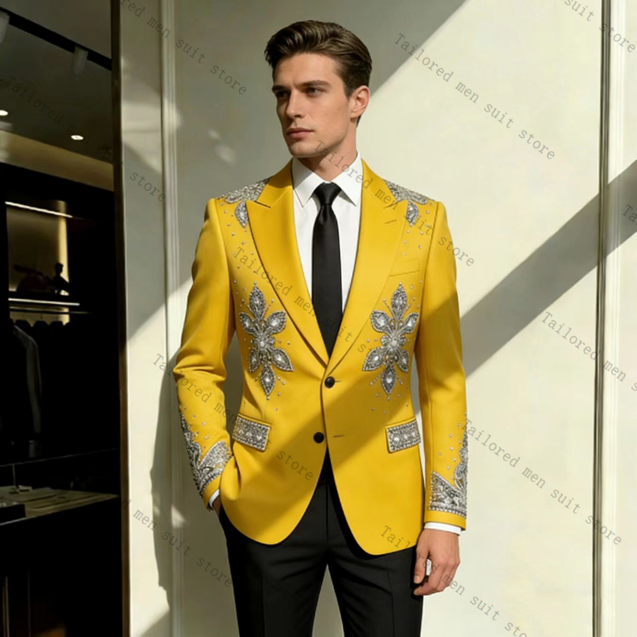 Formal Wear For Men Yellow - ชุดสูทผู้ชายสีเหลือง 2 ชิ้น ประดับคริสตัล เสื้อเบลเซอร์+กางเกงขายาวสีดำ ชุดทักซิโด้เจ้าบ่าว