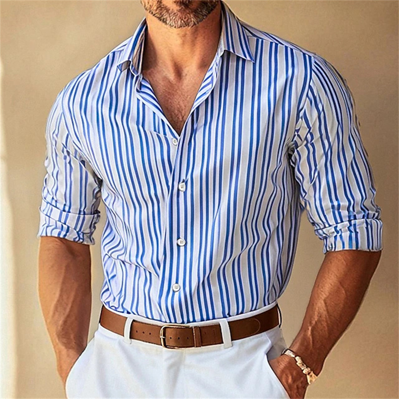 เสื้อเชิ้ตผู้ชายลายทาง คอปกติด - Large Men Formal Wear บทวิจารณ์และราคา