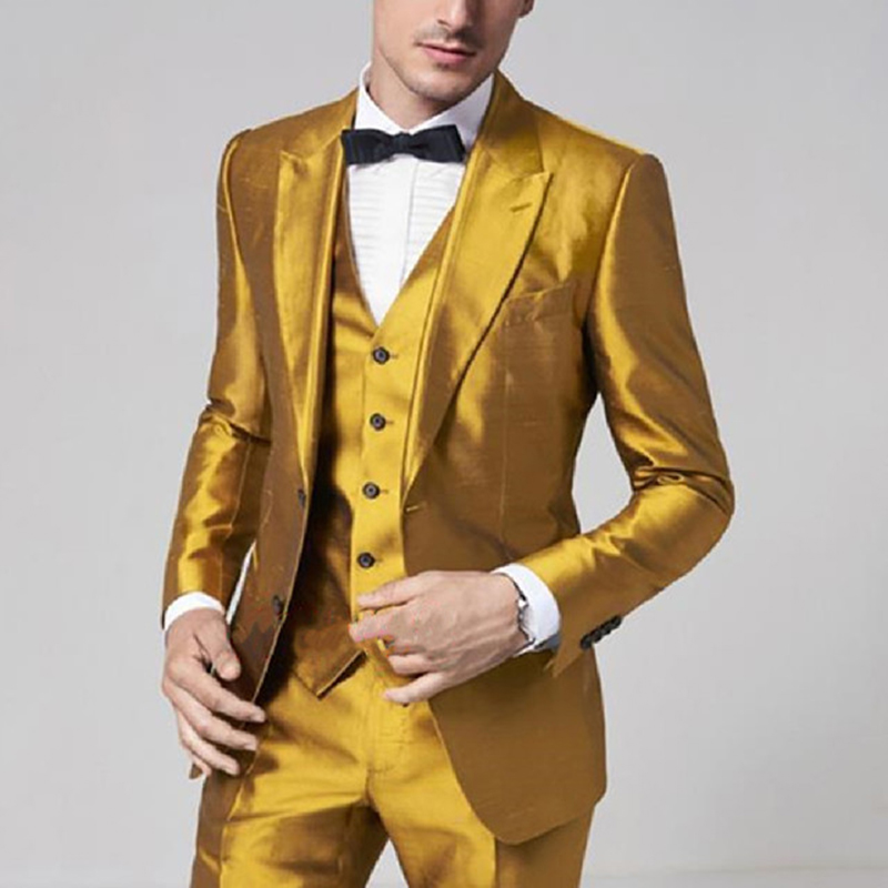 2025 สีเหลืองทองซาตินชายชุด 3  - Formal Wear For Men Yellow บทวิจารณ์และราคา